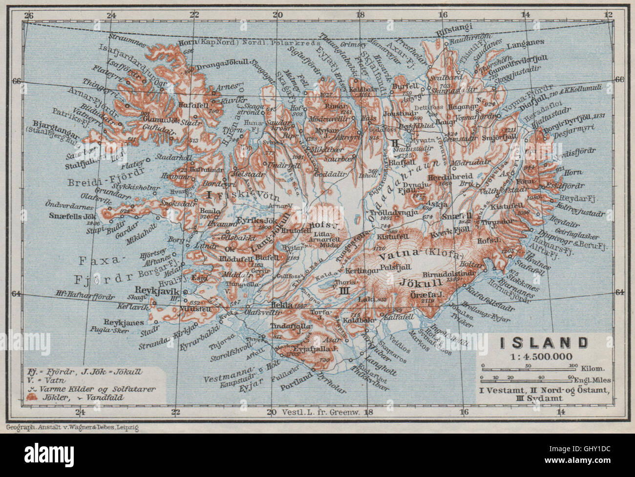 Island/Insel. Reykjavik. Topo-Karte Kort. BAEDEKER, 1909 Stockfoto