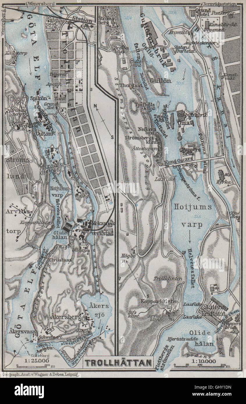 TROLLHATTAN FÄLLT. Trollhättan. Topo-Karte. Schweden-Karta. BAEDEKER, 1909 Stockfoto