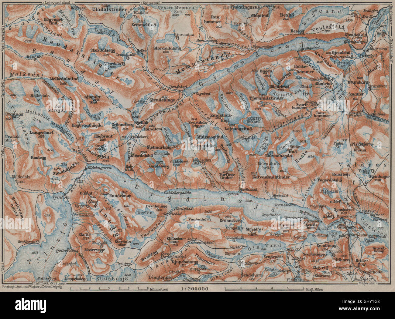 Seen, BYGDIN und GJENDE Topo-Karte. Jotunheimen. Norwegen-Kart. BAEDEKER, 1912 Stockfoto