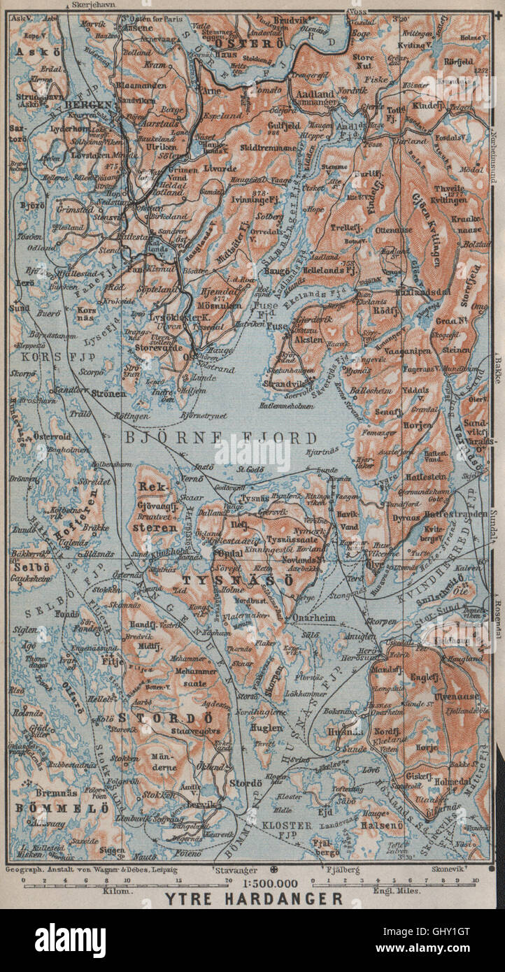 ÄUßEREN HARDANGERFJORD Topo-Karte. Bergen Stordo. Norwegen-Kart. BAEDEKER, 1912 Stockfoto