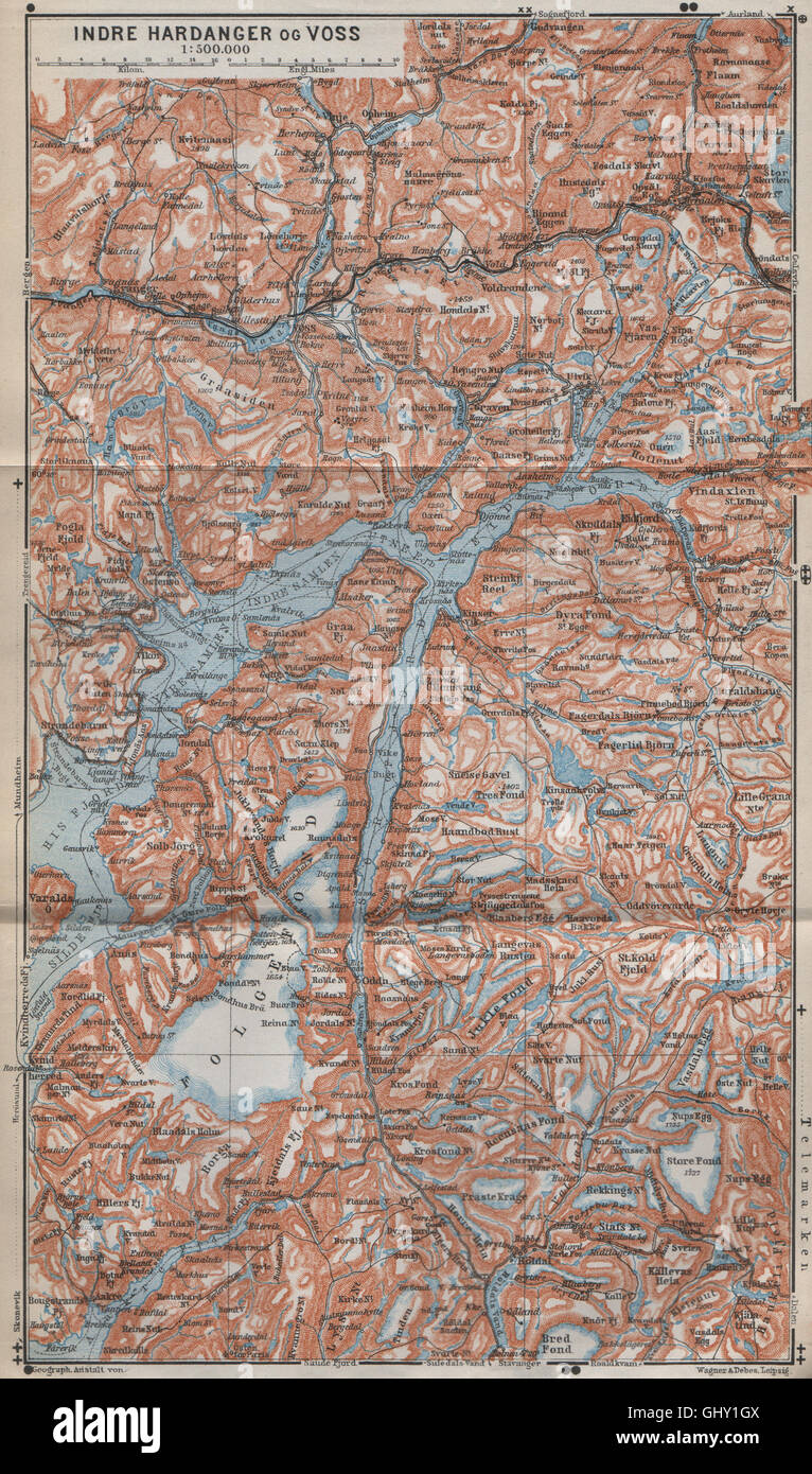 INNEREN HARDANGERFJORD Topo-Karte. Folgefonna. Norwegen-Kart. BAEDEKER, 1912 Stockfoto