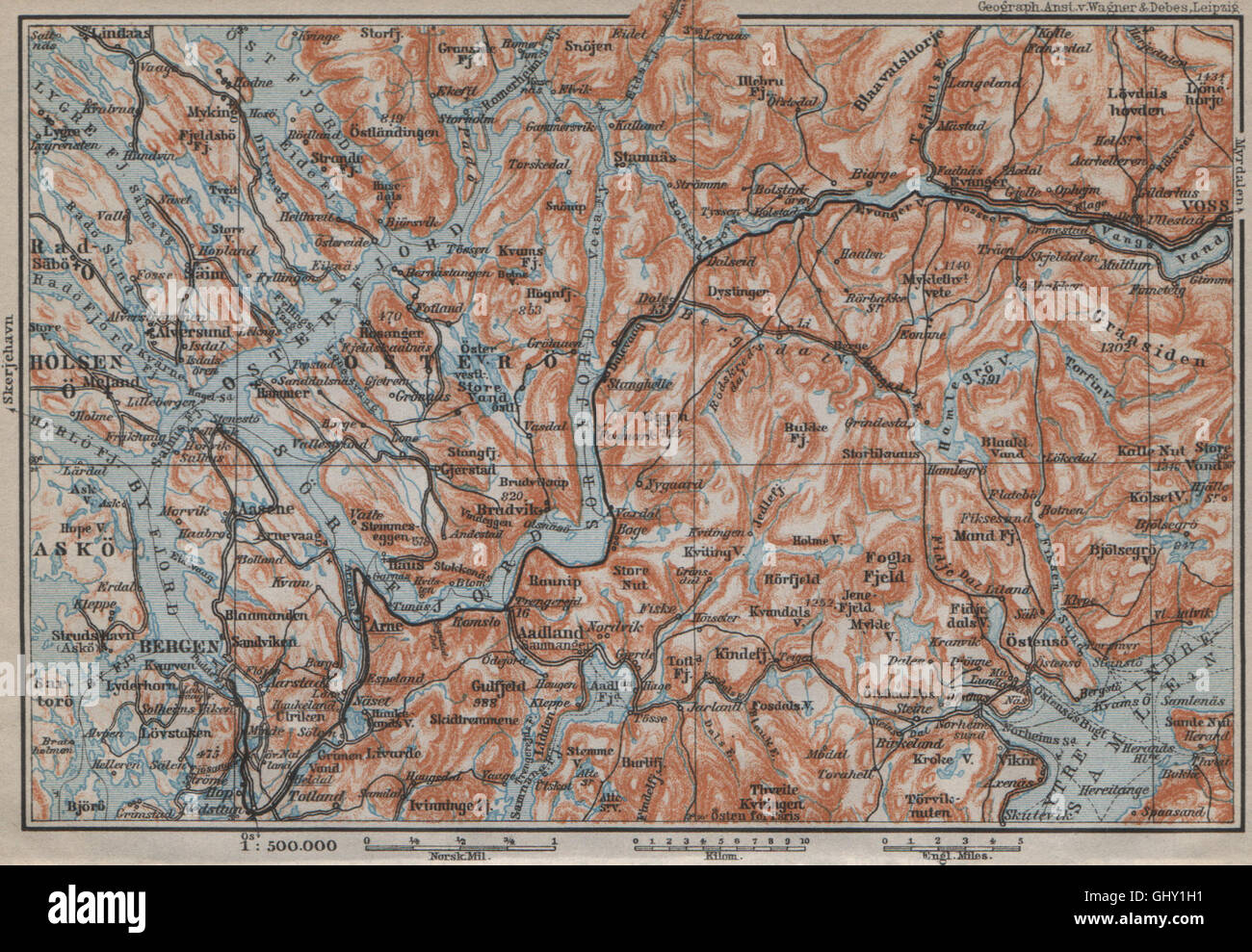 BERGEN-VOSSVANGEN. Sorfjord. Topo-Karte. Norwegen-Kart. BAEDEKER, 1912 Stockfoto