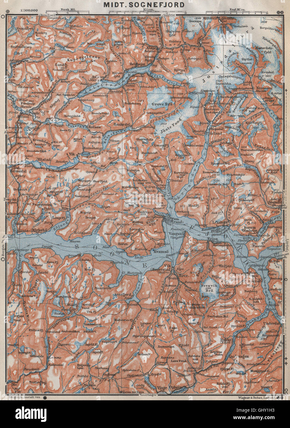 ZENTRALEN SOGNEFJORD Topo-Karte. Leikanger Sogndal. Norwegen-Kart. BAEDEKER, 1912 Stockfoto