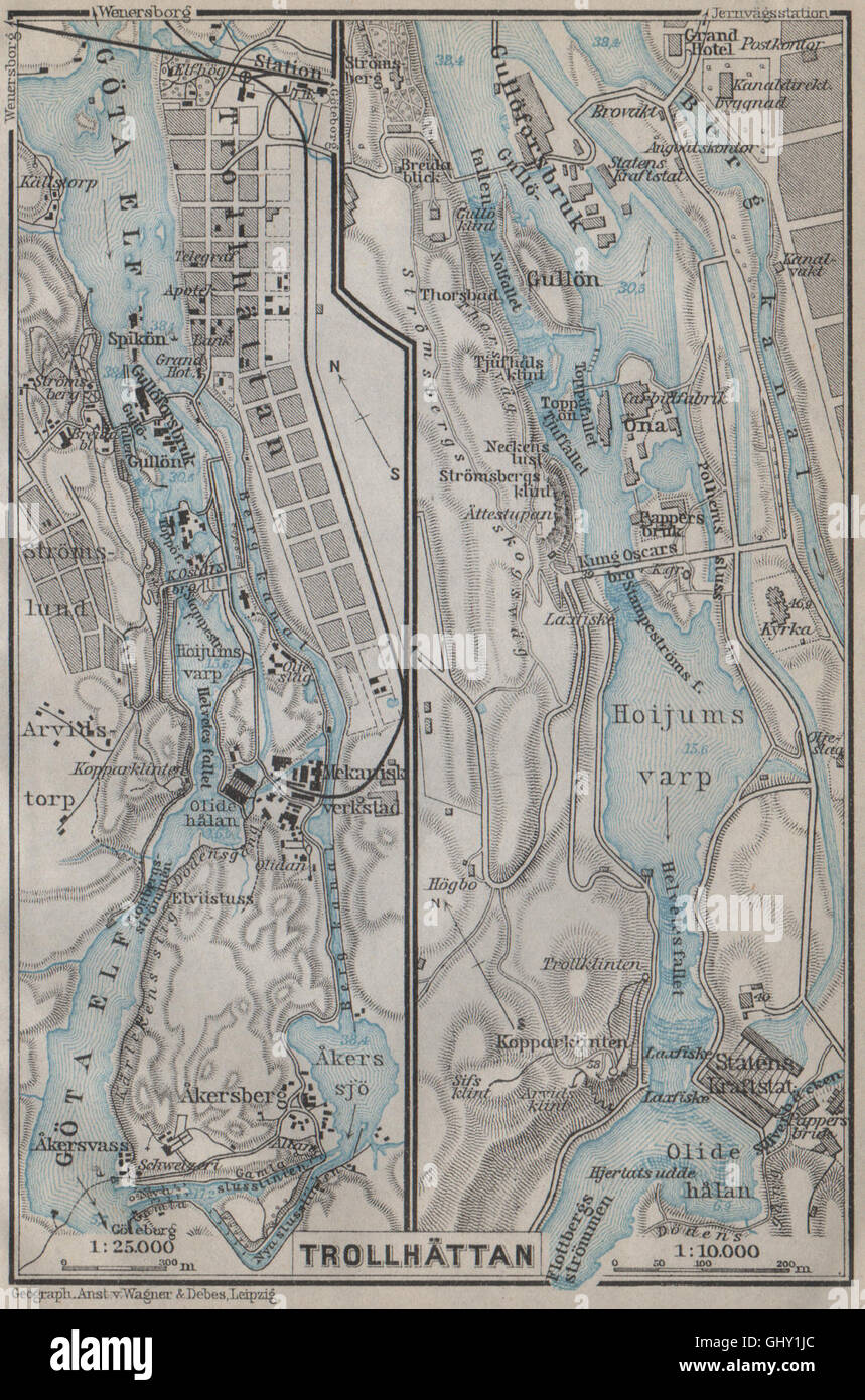 TROLLHATTAN FÄLLT. Trollhättan. Topo-Karte. Schweden-Karta. BAEDEKER, 1912 Stockfoto