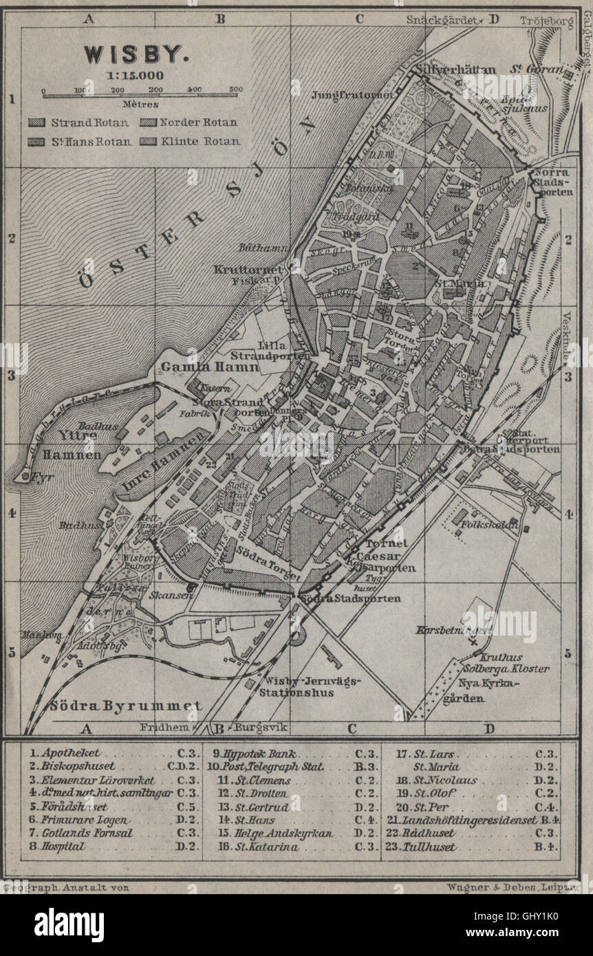 VISBY Wisby antiken Stadt Stadt Stadsplan. Schweden-Karta. BAEDEKER, 1912 alte Karte Stockfoto