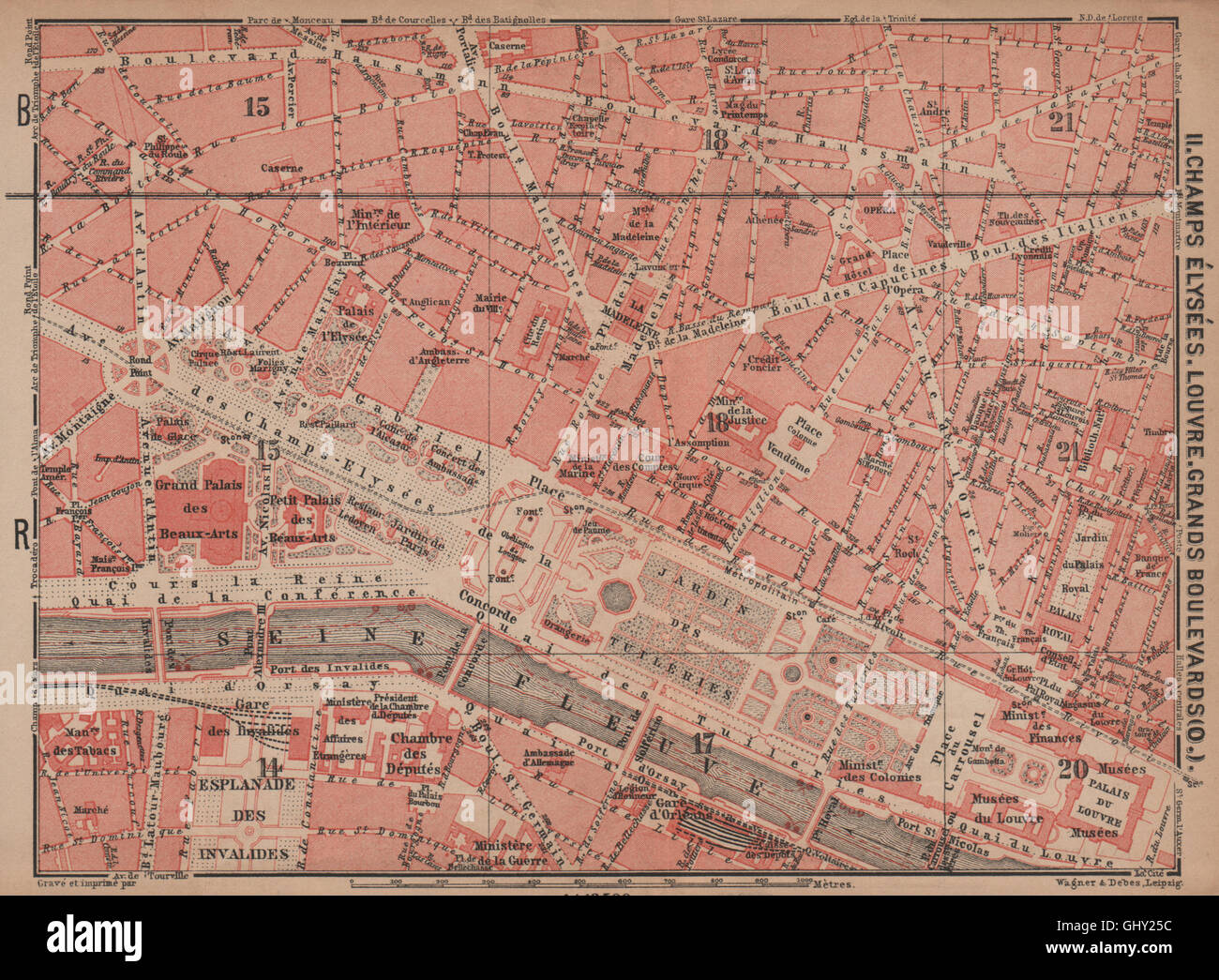 CHAMPS-ÉLYSÉES LOUVRE GRANDS BOULEVARDS Stadtplan Paris 1e 2e-7e-8e 9e, 1900 Karte Stockfoto