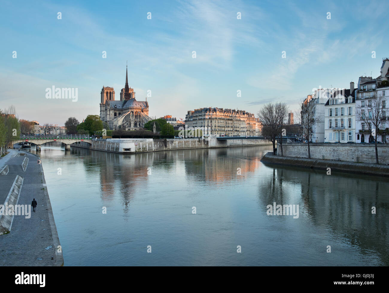 Dämmerung an der Cathedrale Notre-Dame und der Ile De La Cite bilden die Pont De La Tournelle über den Fluss Seine, Paris, Frankreich Stockfoto