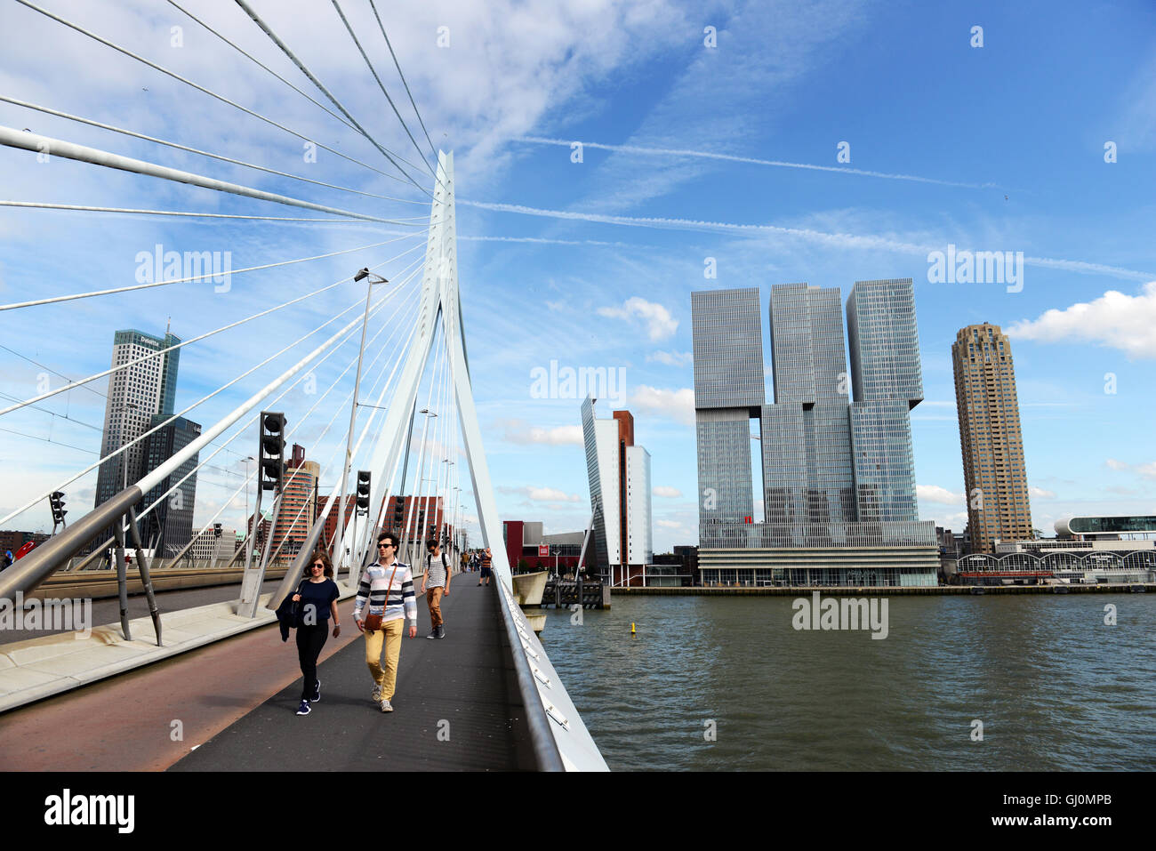 Die Erasmus-Brücke über die Maas mit Rotterdamer De Gebäude im Hintergrund. Stockfoto