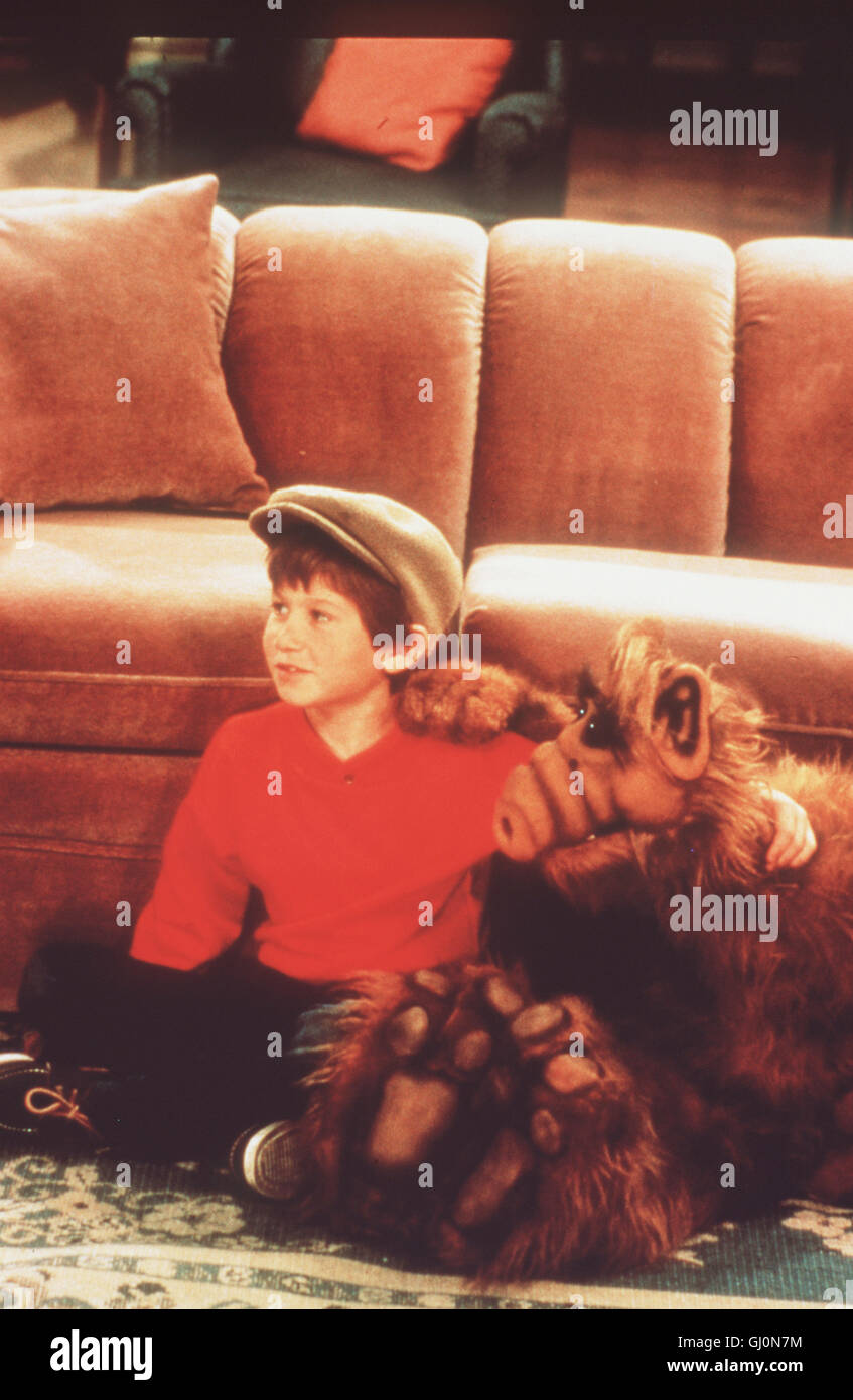 ALF ALF (in Einer Szene Mit BENJI GREGORY) ist Bei Seiner Lieblingsbeschäftigung: Fernsehen. Eifrig Beteiligt er Sich per Telefon ein Einer Talkshow Und Macht Vorschläge Zur Abschaffung der Atombombe. Als Ihm sterben Antworten der Moderatoren Nicht Gefallen, Verlangt er Den Präsidenten Zu gerade. aka. Großer Mann war Nonne? Stockfoto