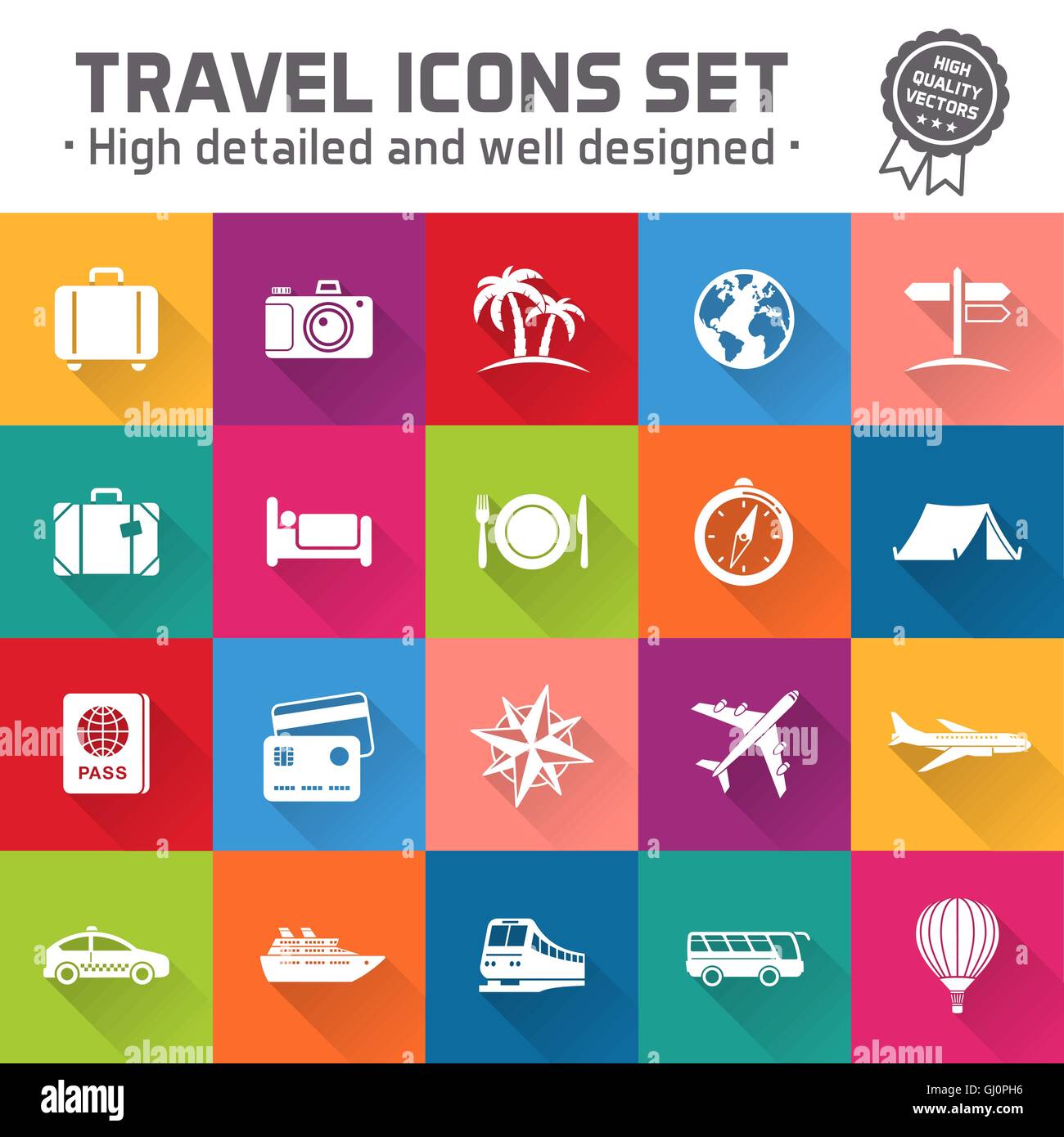 Sammlung von zwanzig bunte hochwertige Icons set für Reisen und Tourismus Stock Vektor