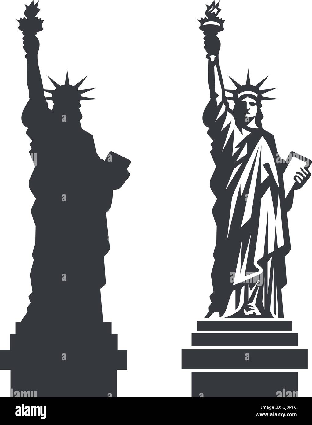 Doppelte Silhouette der berühmten Freiheitsstatue in New York City Stock Vektor