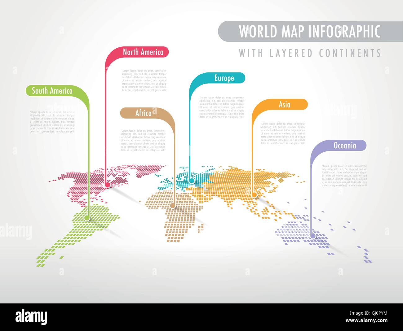 Perspektive pixelig Weltkarte mit Etiketten, die auf jedem Kontinent Stock Vektor