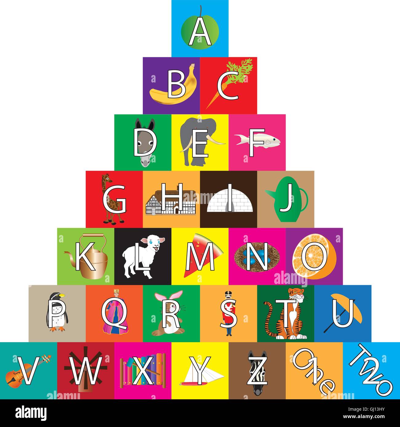 Bunte Kinder Alphabet-Bausteine mit Bildern jeder Brief verwendet in Kindergärten und Vorschulen isoliert auf weiss Stock Vektor