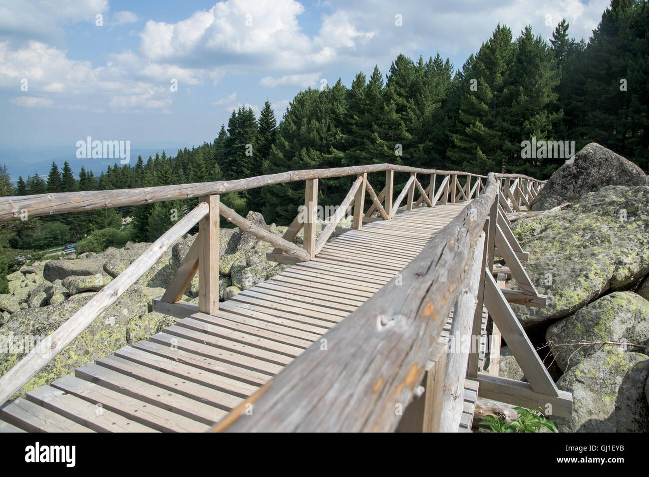 Holzbrücke über den Berg Stockfoto