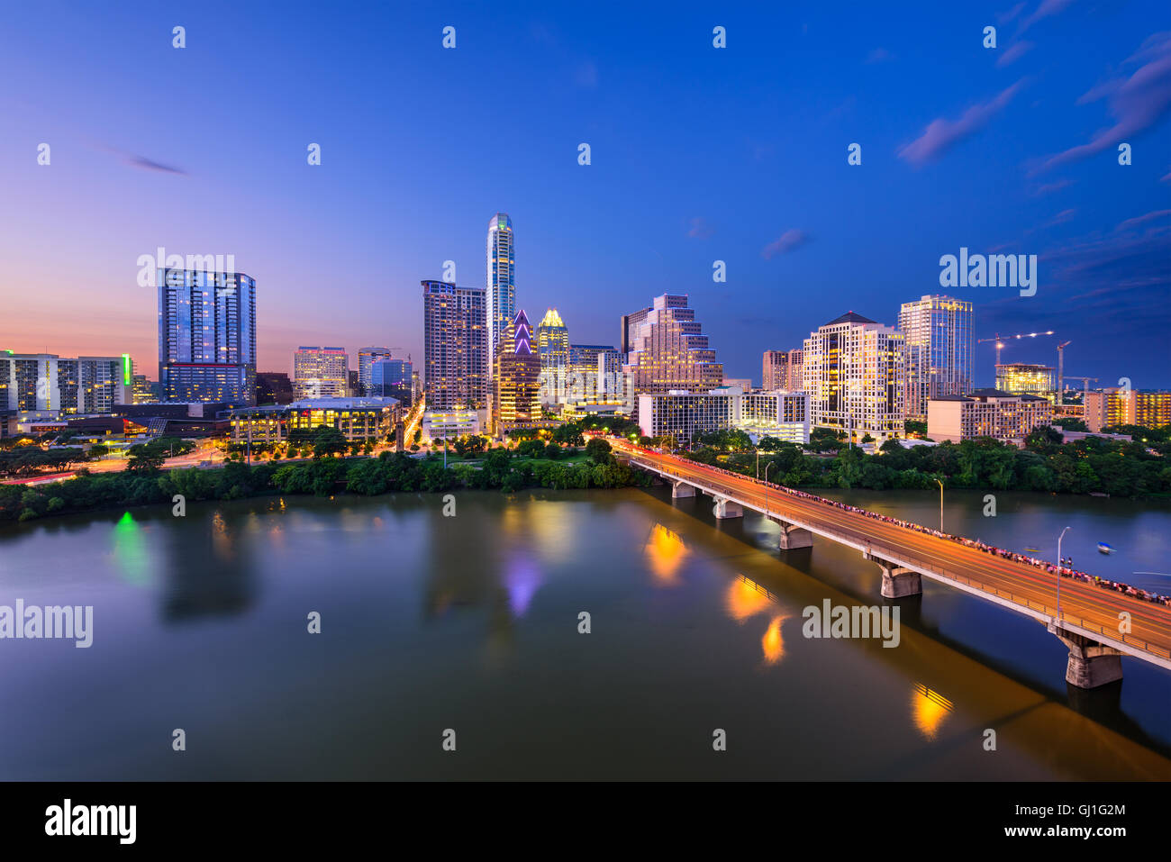 Austin, Texas, USA Skyline Innenstadt über den Colorado RIver. Stockfoto