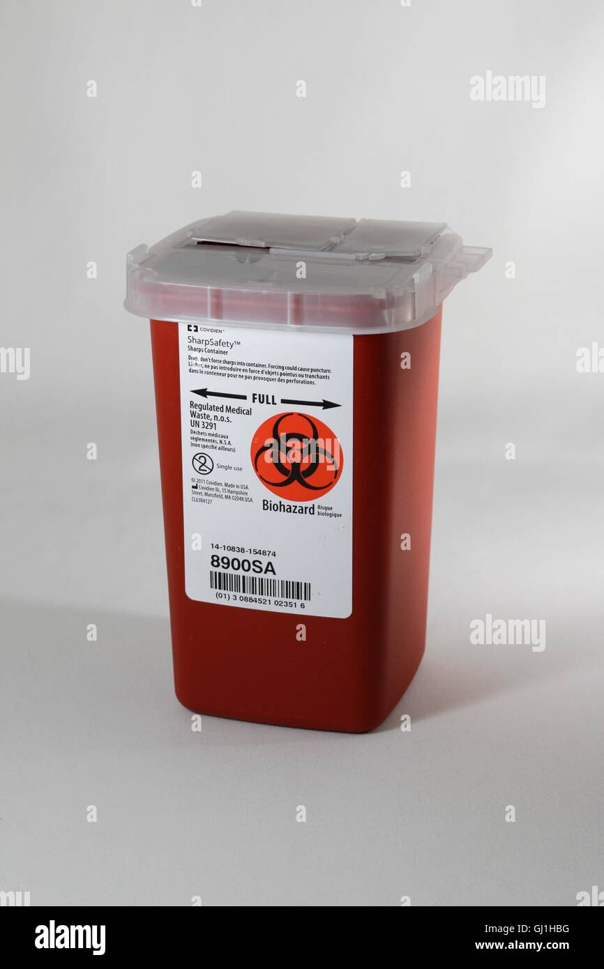 Sharps Container, Biohazard-Symbol. Stockfoto