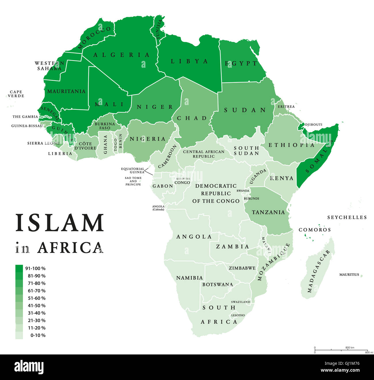 Verbreitung des Islam in Afrika. Politische Karte der muslimischen Bevölkerung in afrikanischen Ländern in zehn Prozent Maßstab und grüner Farbe. Stockfoto
