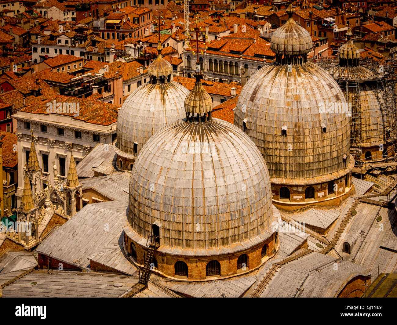 Luftaufnahme von 4 der 5 Kuppeln von St. Markus Basilika, Venedig, Italien. Stockfoto