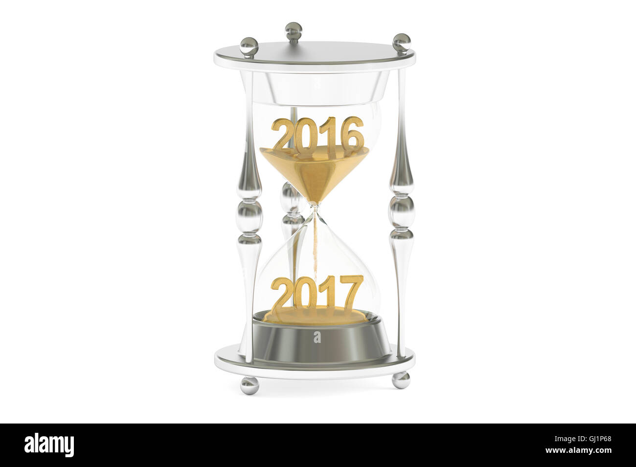 Glückliches neues Jahr 2017 Konzept mit Sanduhr, 3D Rendering isoliert auf weißem Hintergrund Stockfoto