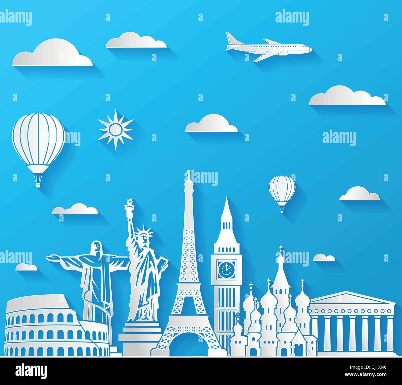 Vektor Zusammensetzung der berühmten Denkmäler vor einem sonnigen Himmel mit einem Flugzeug und Luftballons. Stock Vektor