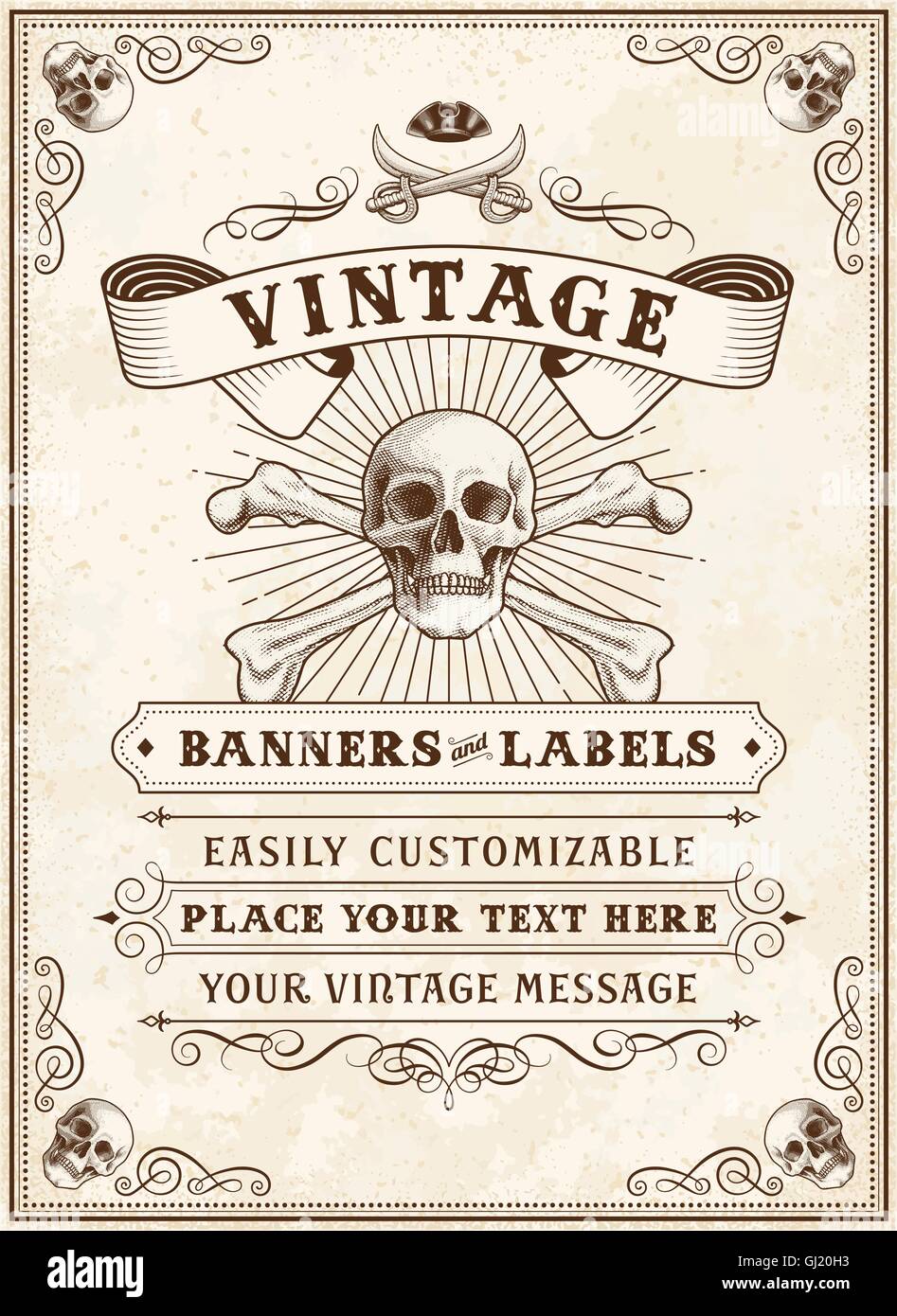 Jahrgang suchen einladen, Vorlage für eine Party oder Veranstaltung mit Tod oder Pirate theme Stock Vektor