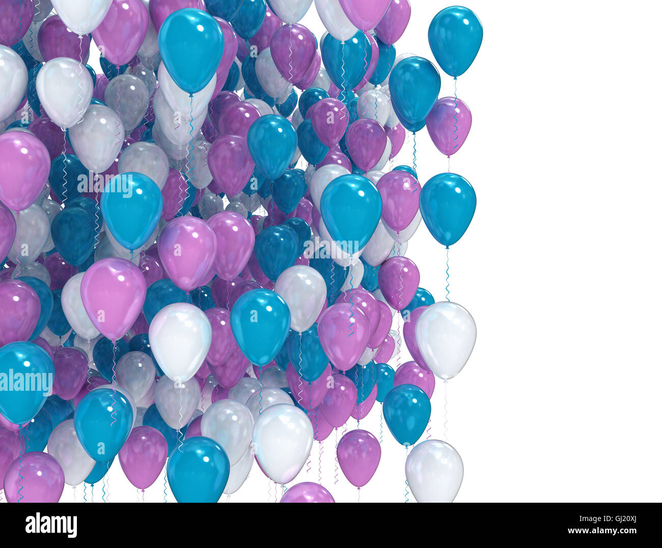rosa blau und lila Luftballons auf weißem Hintergrund Stockfoto