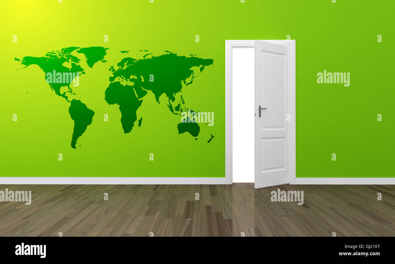 Offenen Tür große grüne Wand und Holzboden Stockfoto