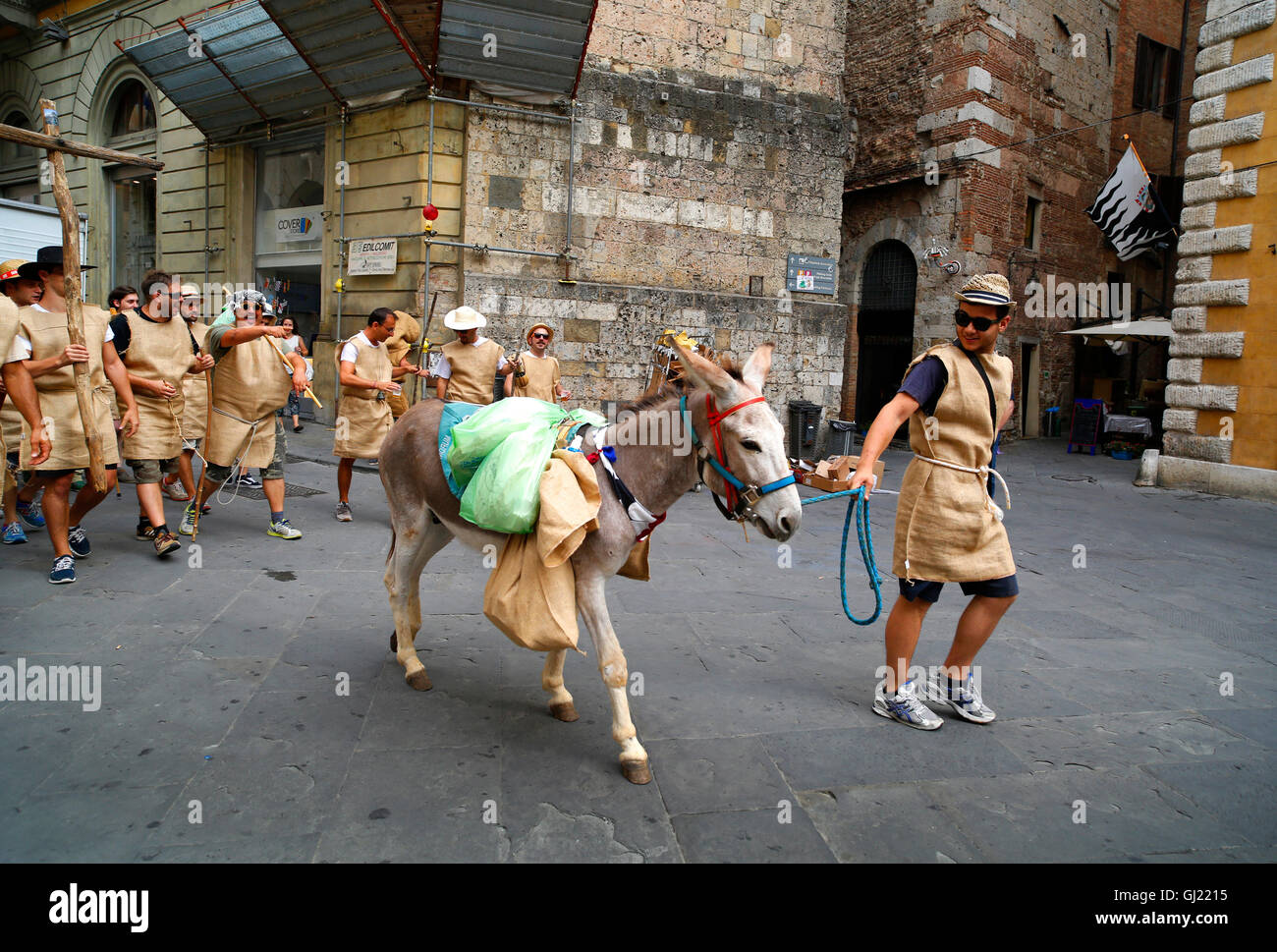 Mitglieder des Siegerteams La Lupa von Julys Il Palio-Pferderennen, Wandern mit einem Esel in Siena, Italien Stockfoto