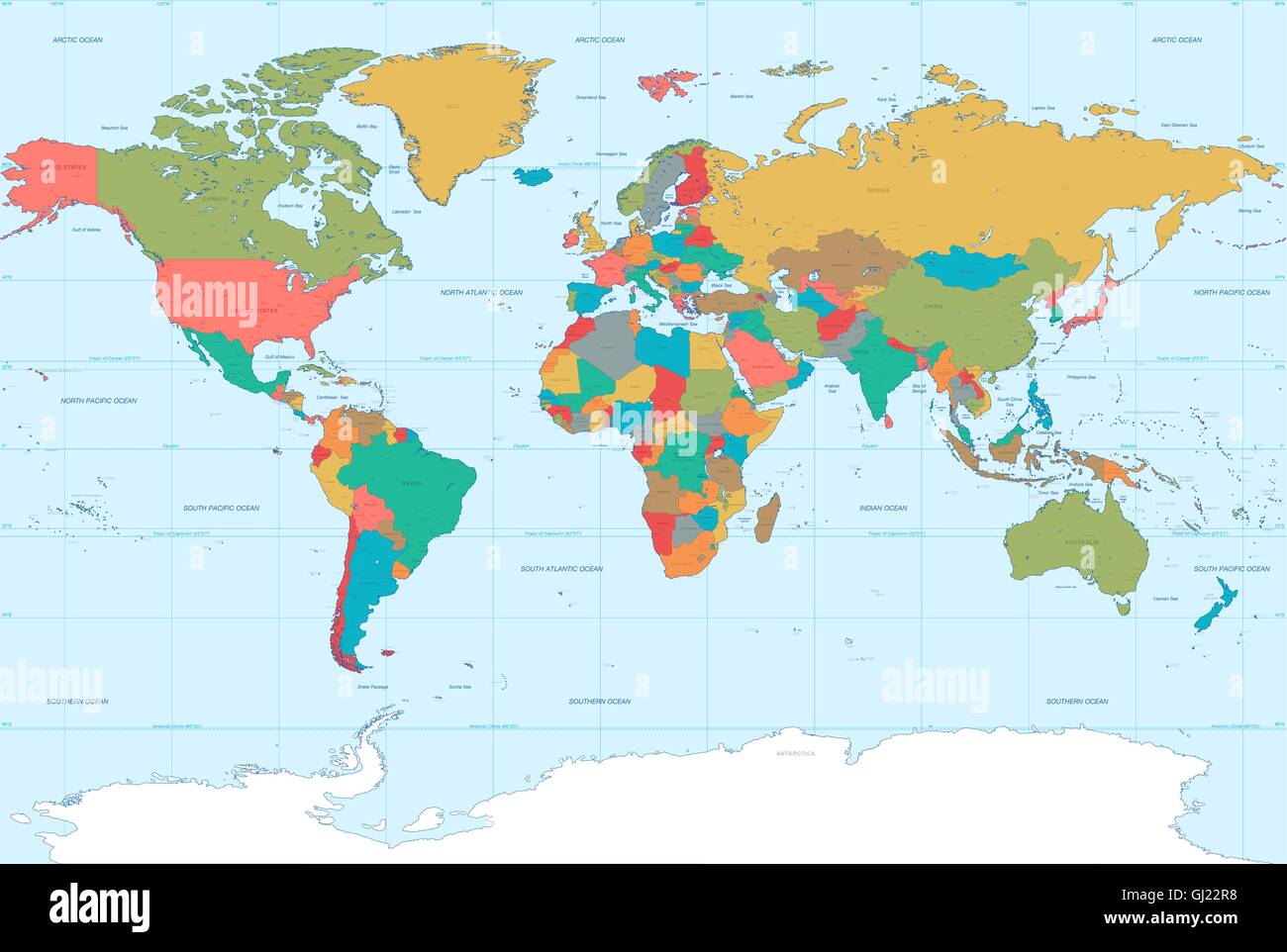 Vektor-Illustration der Weltkarte mit hohem Detailgrad. Mit politischen Grenzen, vollständigen Namen, Flüssen und Seen. Stock Vektor