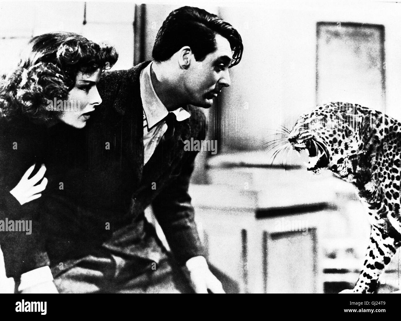 LEOPARDEN NACHKRIEGSFILMEN Mann NICHT Bringing up Baby USA 1938 - Howard Hawks Hut zermatscht Schlechte Laune? Für Susan (KATHARINE HEPBURN) Und David (CARY GRANT) Steht Fest, Leoparden Nachkriegsfilmen Mann Nicht. Regie: Howard Hawks aka. Bringing Up Baby Stockfoto