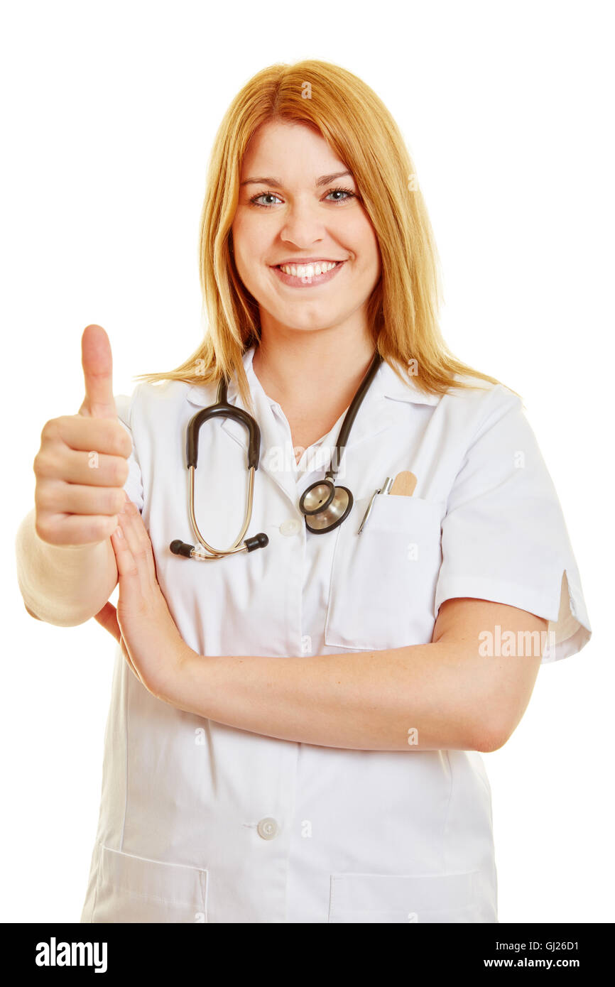 Lächelnde blonde Frau als Ärztin Daumen hochhalten Stockfotografie Alamy