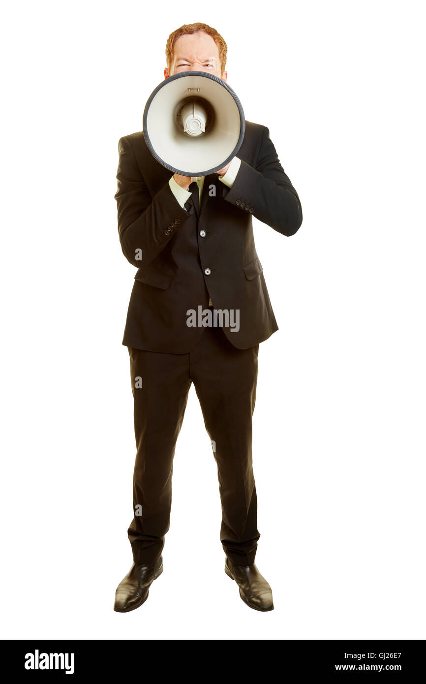 Mann mit einem Megaphon in einem frontalen Portrait mit einem Kommunikationskonzept Stockfoto