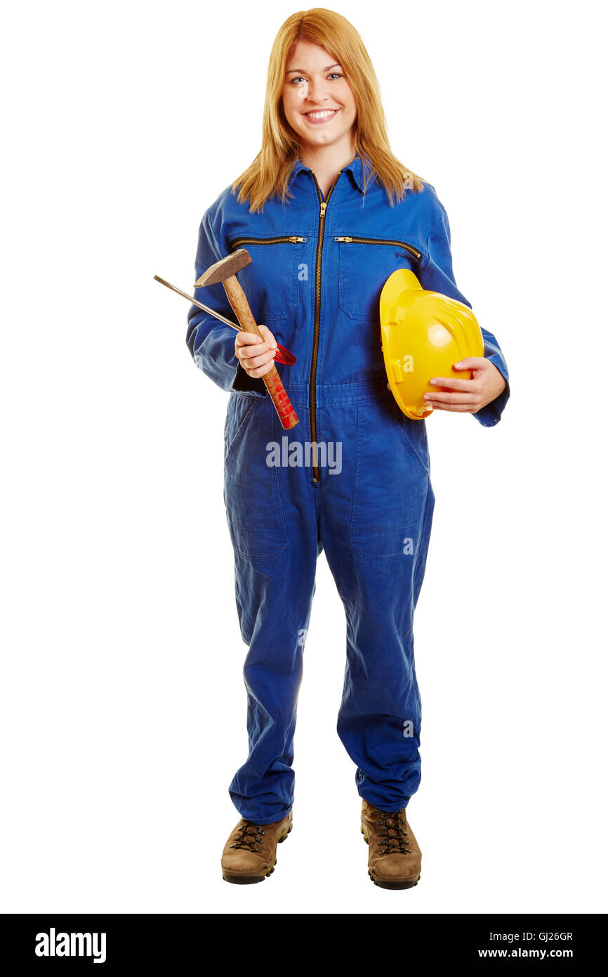 Arbeiterin hält ihr Helm und Werkzeuge vor einem weißen Hintergrund Stockfoto