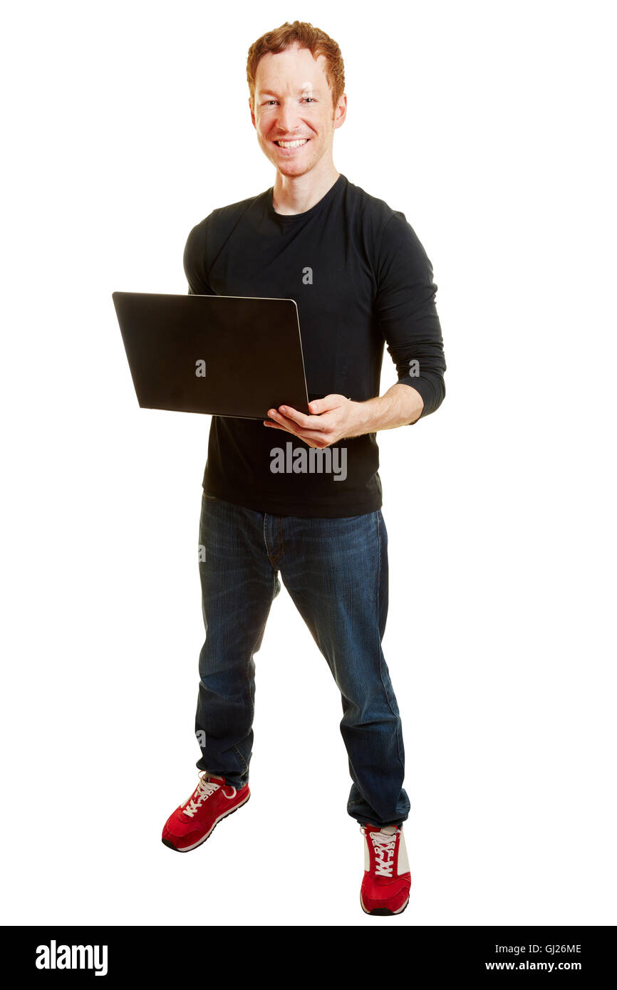 Blogger halten einen Laptop und lächelnd Stockfoto