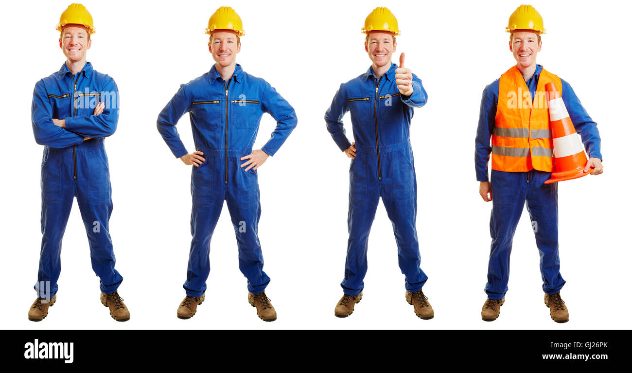 Bauarbeiter in einem blauen Kragen Anzug in verschiedenen Positionen Stockfoto