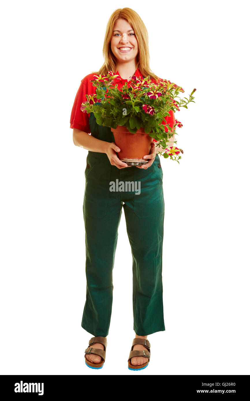 Frau als Gärtner mit Pflanzen auf ihre hand Stockfoto