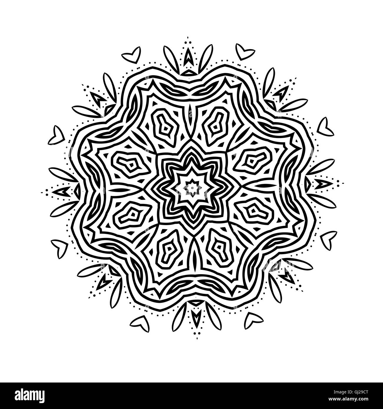 Buddhistische Philosophie, Mandala schwarze Blume Muster Hintergrund. Yoga Asanas Meditation indisches wissen asiatischen Dekorationsmalerei. Stock Vektor