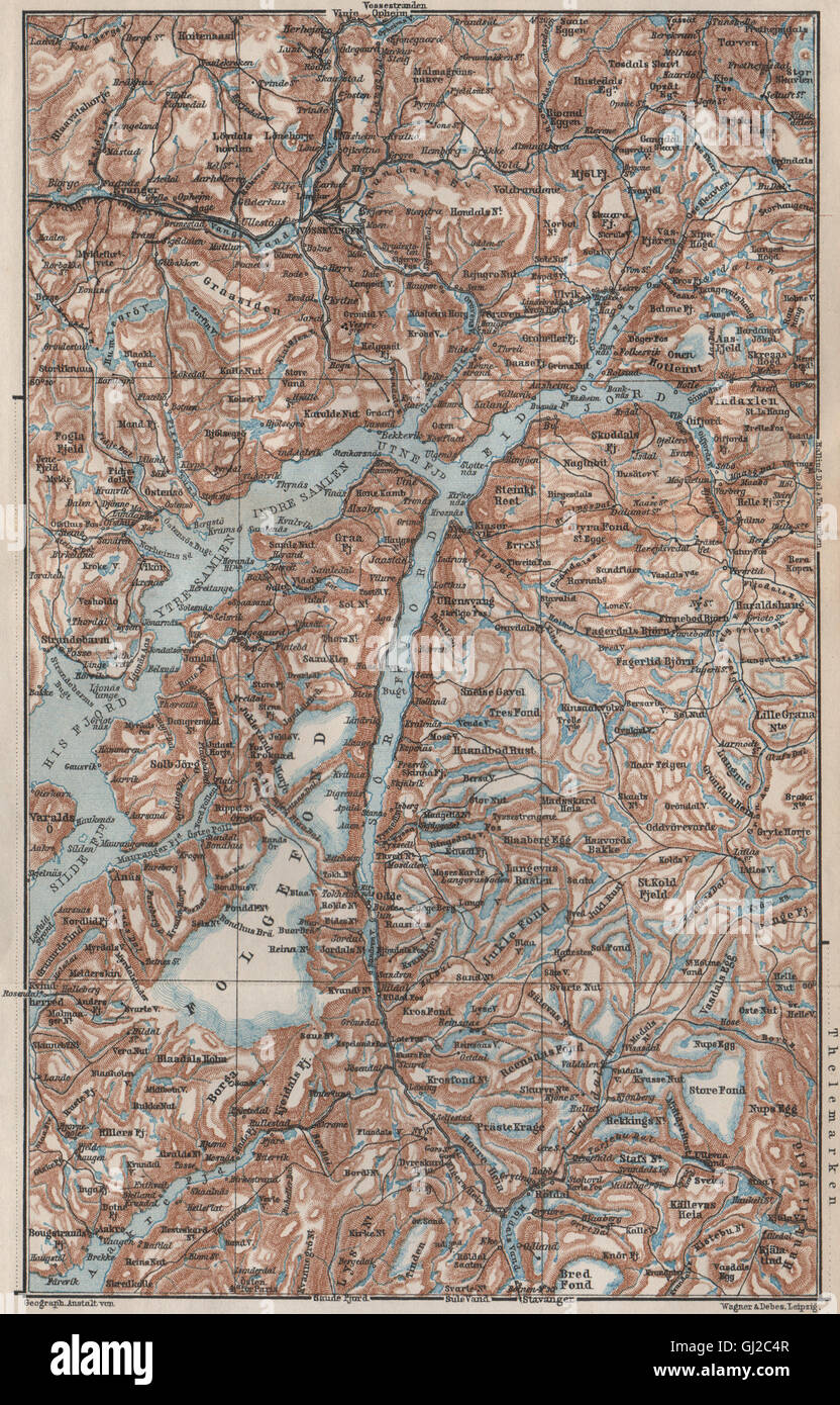 INNEREN HARDANGERFJORD Topo-Karte. Folgefonna. Norwegen-Kart. BAEDEKER, 1885 Stockfoto