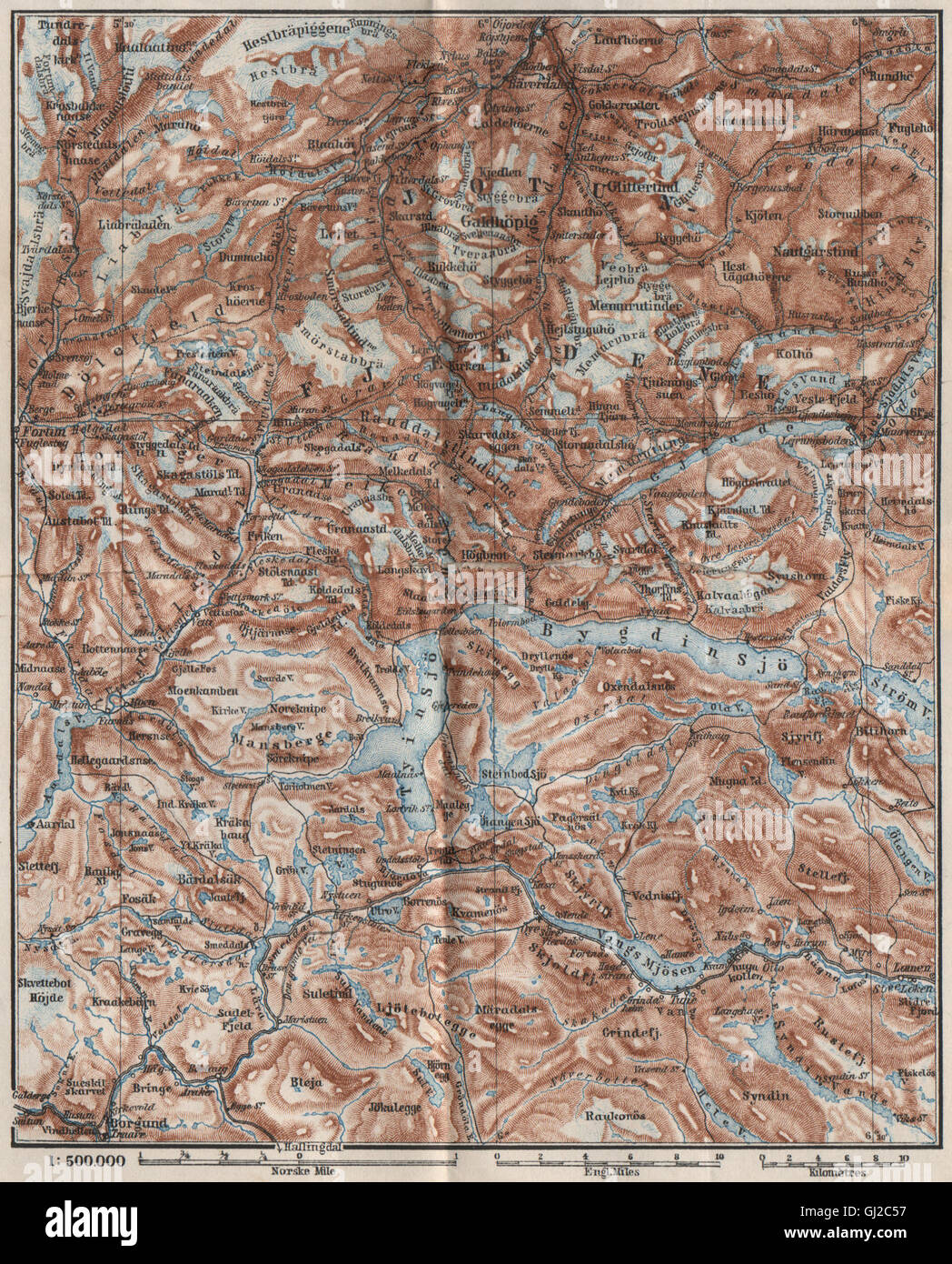 JOTUNHEIMEN Nasjonalpark Topo-Karte. Norwegen-Kart. BAEDEKER, 1885 Stockfoto