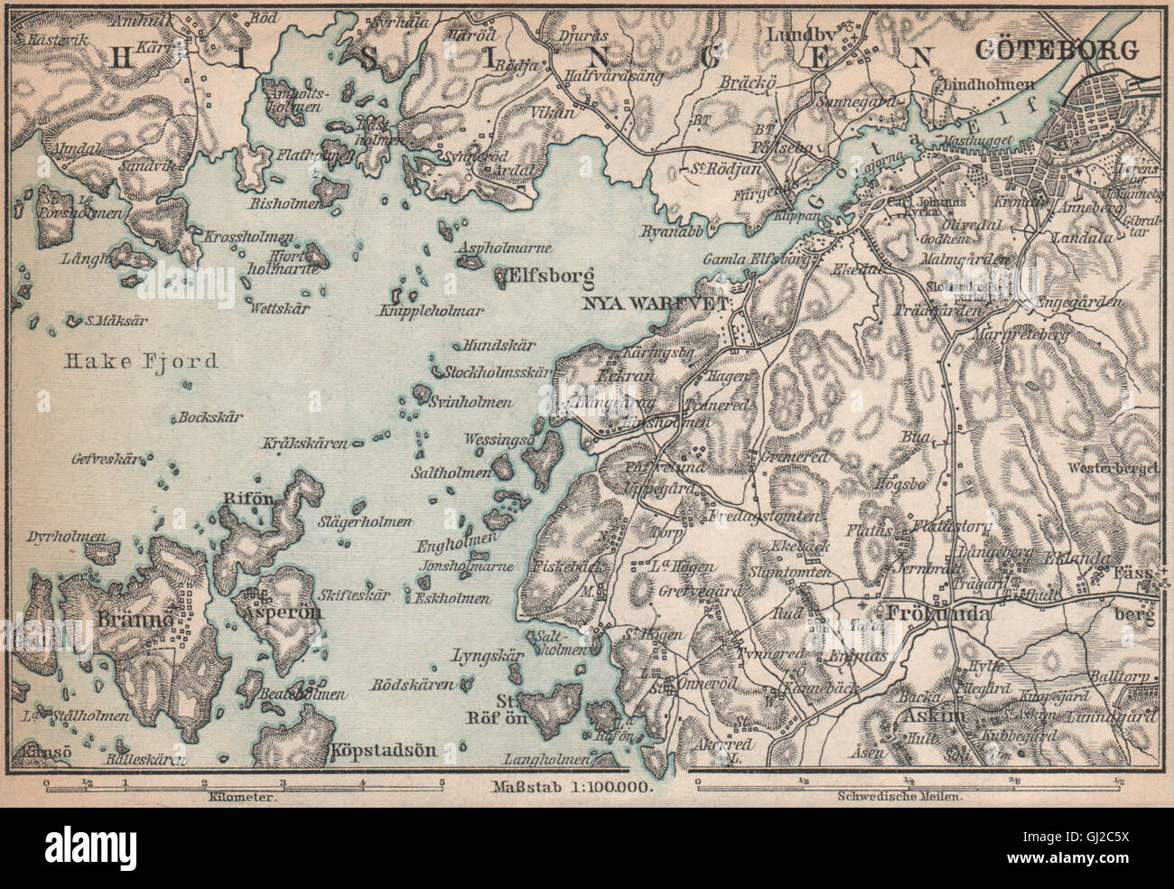 GOTA-MÜNDUNG. Göta Älv. Gothenburg Göteborg Umgebung. Schweden Karta, 1885-Karte Stockfoto