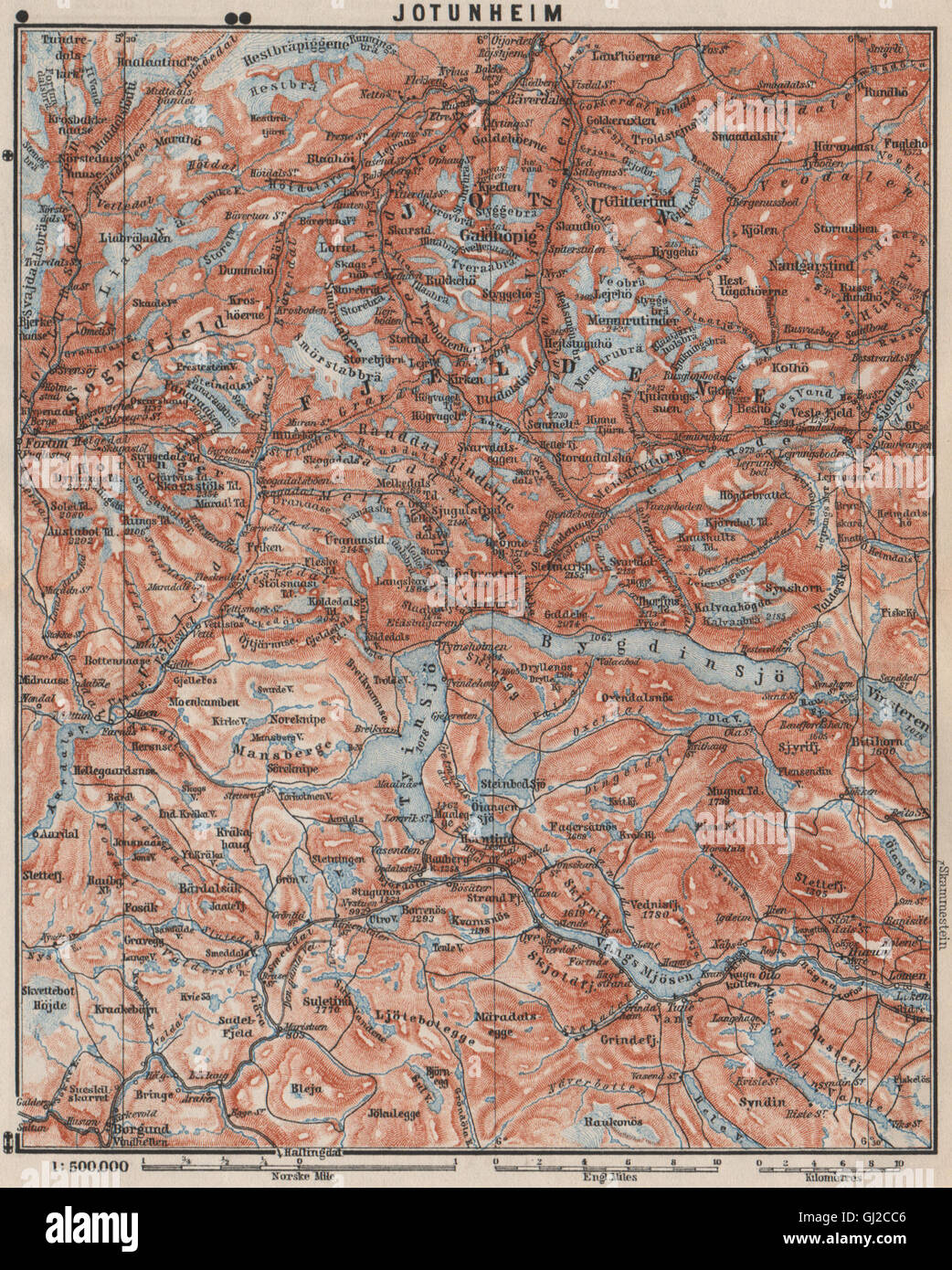 JOTUNHEIMEN Nasjonalpark Topo-Karte. Norwegen-Kart. BAEDEKER, 1899 Stockfoto