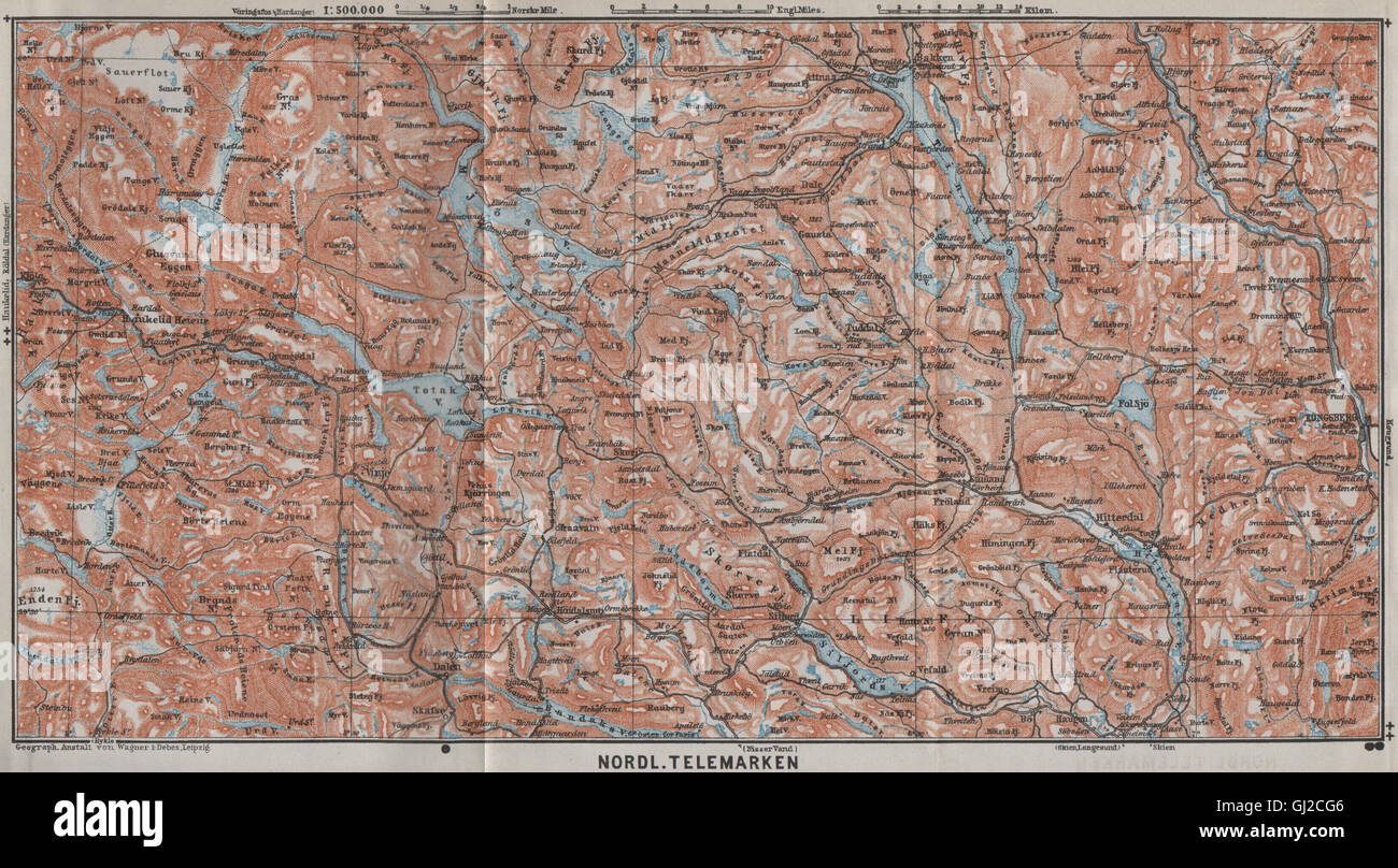 Nord TELEMARKEN Topo-Karte. Kongsberg Dalen Bakken. Norwegen-Kart, 1909 Stockfoto