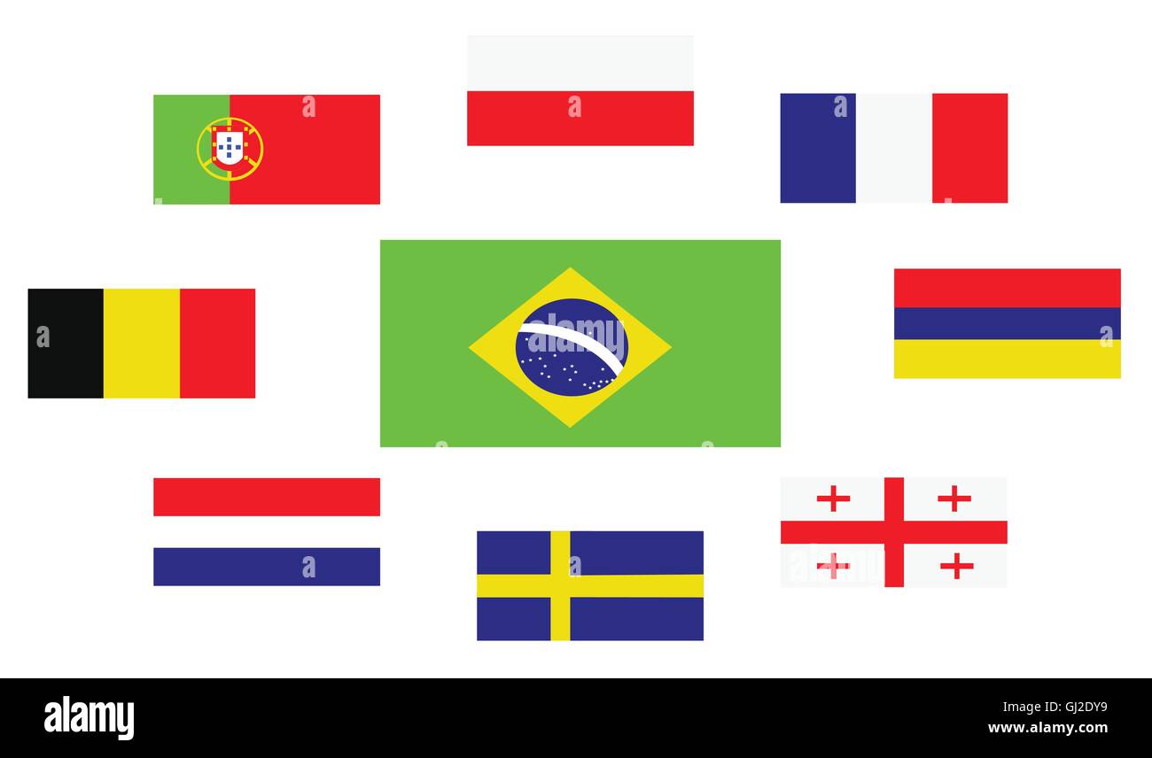 Satz von Länderflaggen, Brasilien, Portugal, Belgien, Schweden, Frankreich, Georgien, Deutschland, Polen und Armenien. Digitale Vektor-Bild Stock Vektor