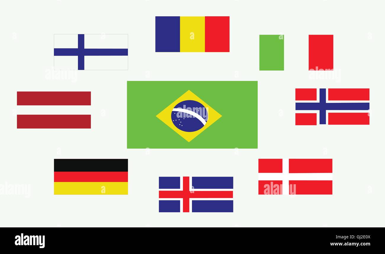 Satz von Länderflaggen, Rumänien, Norwegen, Brasilien, Italien, Deutschland, Island, Dänemark, Finnland und Österreich. Digitale Vektor-Bild Stock Vektor