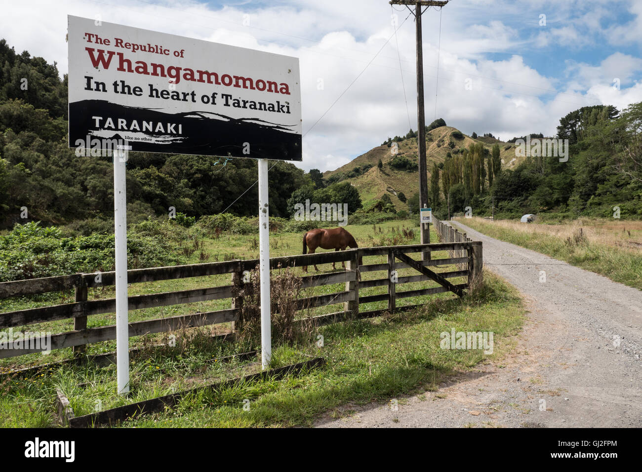 Gemeinde melden Whangamomona Taranaki, Nordinsel, Neuseeland. Stockfoto