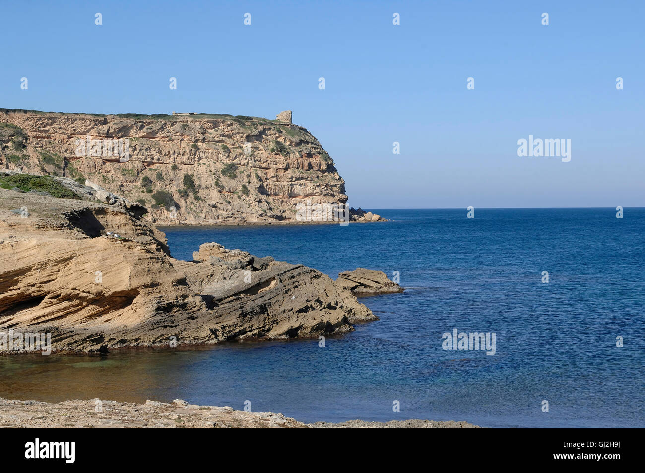 Blick auf das Capo Mannu, der Nordspitze der Halbinsel Sinis, Sardinien, Italien. Stockfoto