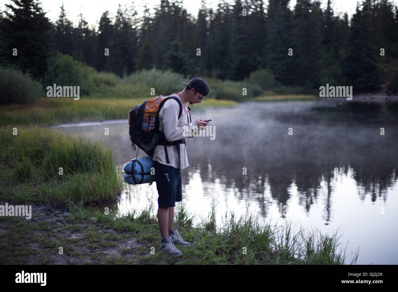 Männliche Wanderer lesen Smartphone Text von misty Lake, Mount Hood National Forest, Oregon, USA Stockfoto Männliche Wanderer lesen Smartphone Text von misty Lake, Mount Hood National Forest, Oregon, USA Stockfoto