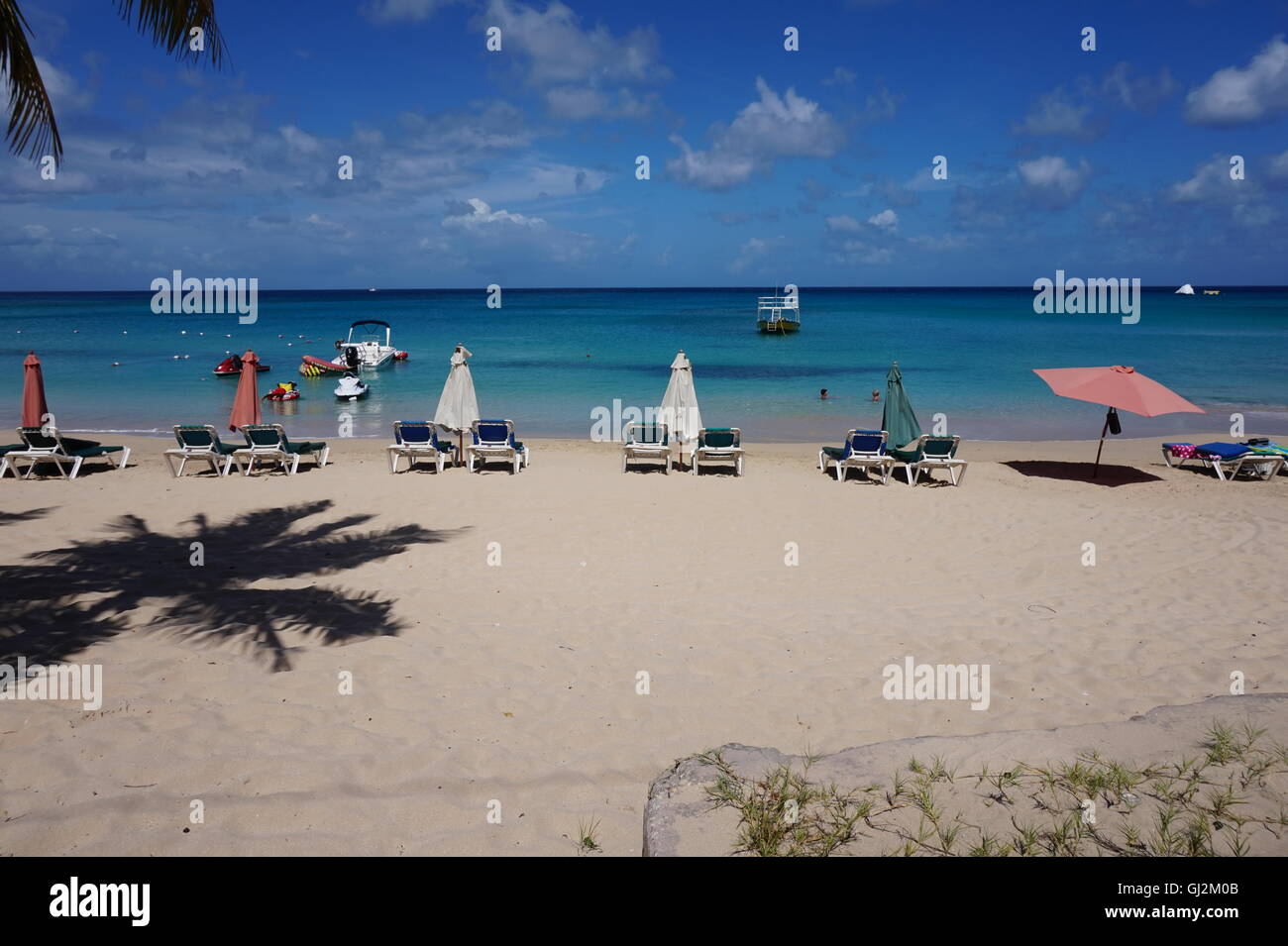 Sonnenliegen und Sonnenschirme am Strand von Dover, Barbados Stockfoto