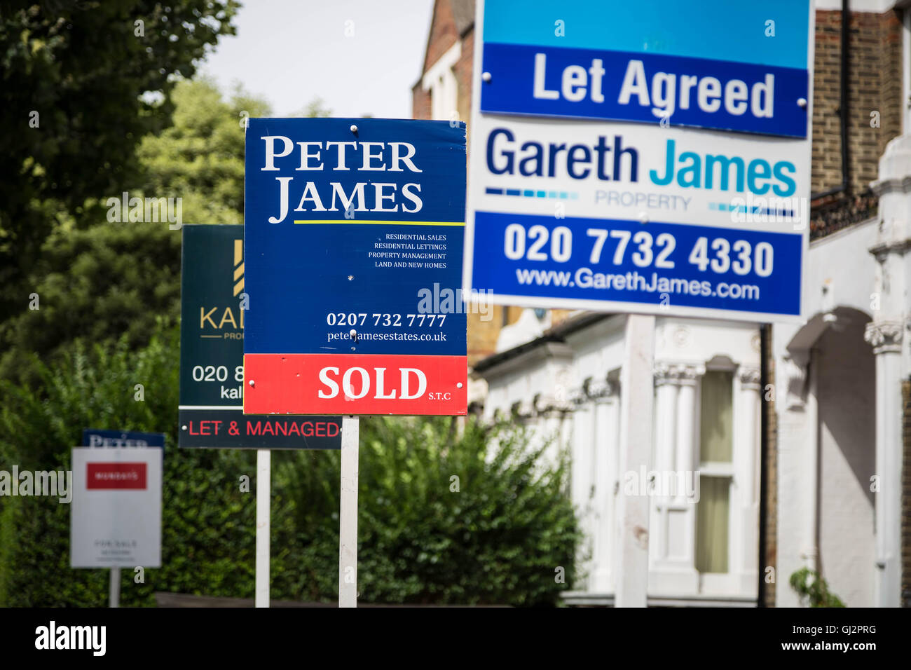 Immobilienmakler Bretter, Werbung, Verkauf oder die Vermietung vor London Unterkunft, UK zu sehen. Stockfoto