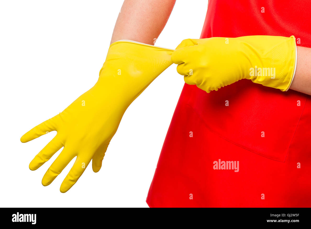 Hände-Männchen tragen einen Gummihandschuh, Nahaufnahme Stockfoto